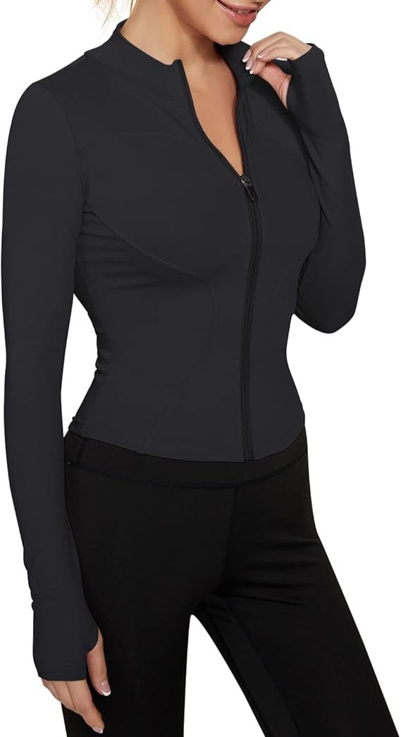 Women's Lightweight Cropped Zip-Up Workout Jacket – Slim Fit Yoga Top, Black