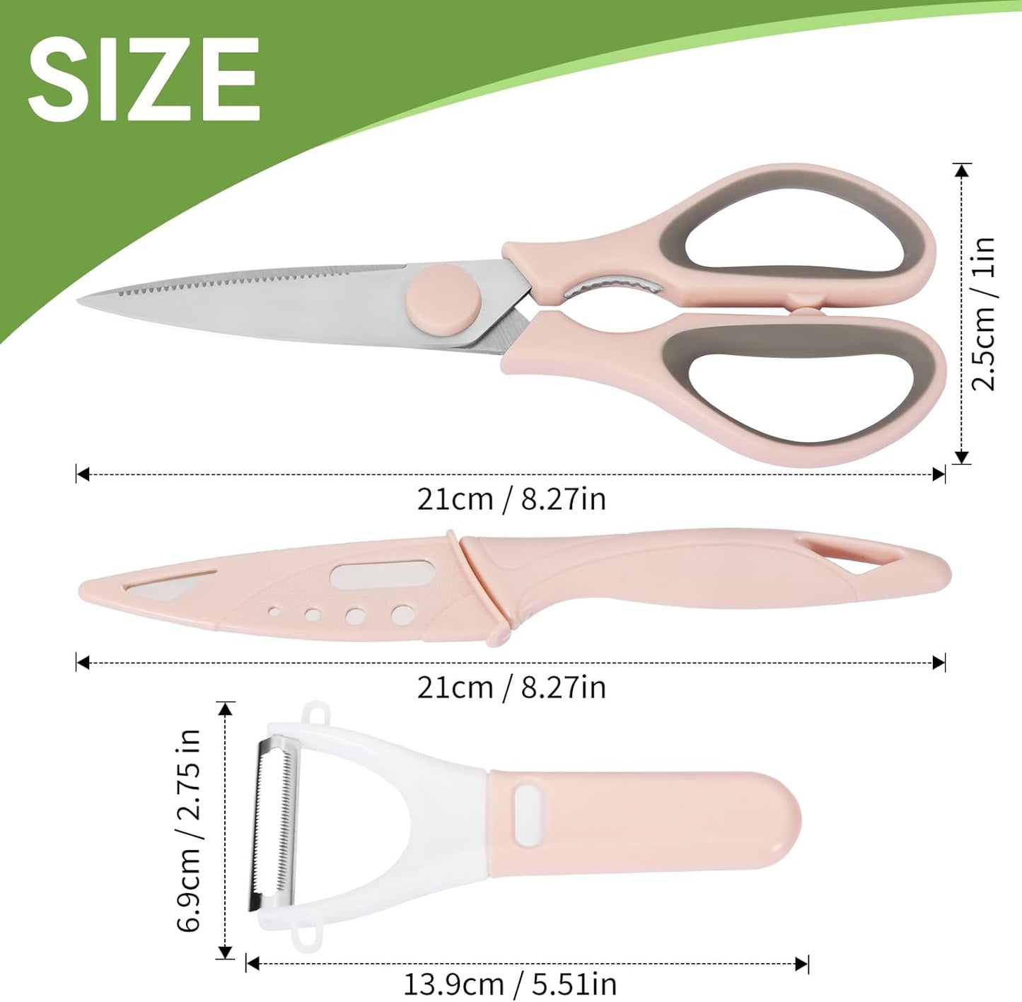 3 Pack Stainless Steel Shears Set, Scissor & Vegetable Peeler & Paring Knife, Kitchen Gifts, Rose Pink CA Ticaret