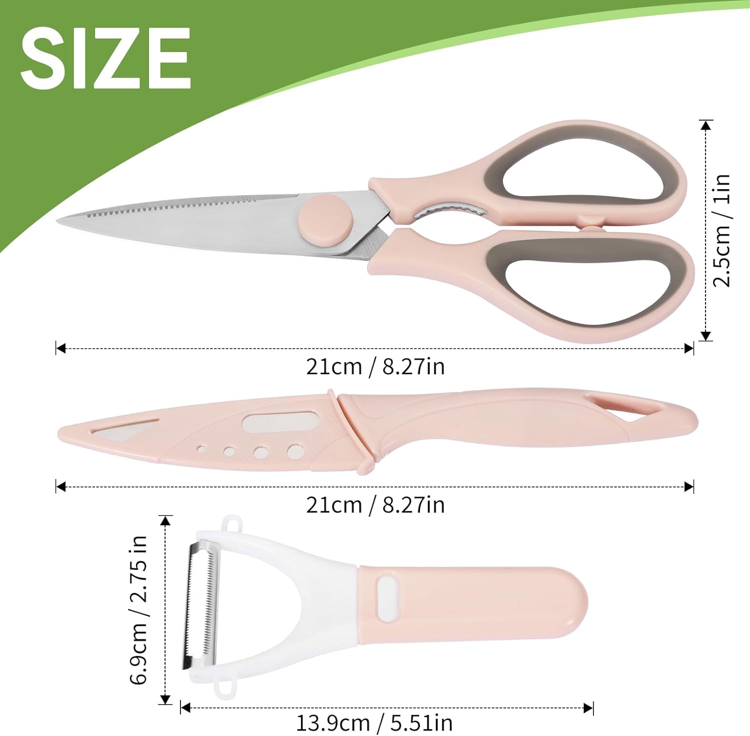 3 Pack Stainless Steel Shears Set, Scissor & Vegetable Peeler & Paring Knife, Kitchen Gifts, Rose Pink CA Ticaret