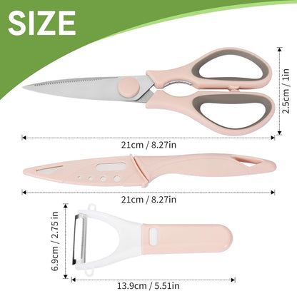 3 Pack Stainless Steel Shears Set, Scissor & Vegetable Peeler & Paring Knife, Kitchen Gifts, Rose Pink CA Ticaret