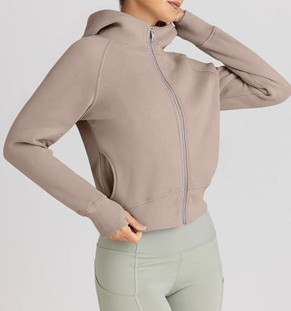 2024 Women's Cropped Zip-Up Hoodies – Casual Fleece Sweatshirts for Fall and Winter Y2K Style, Coffee Grey