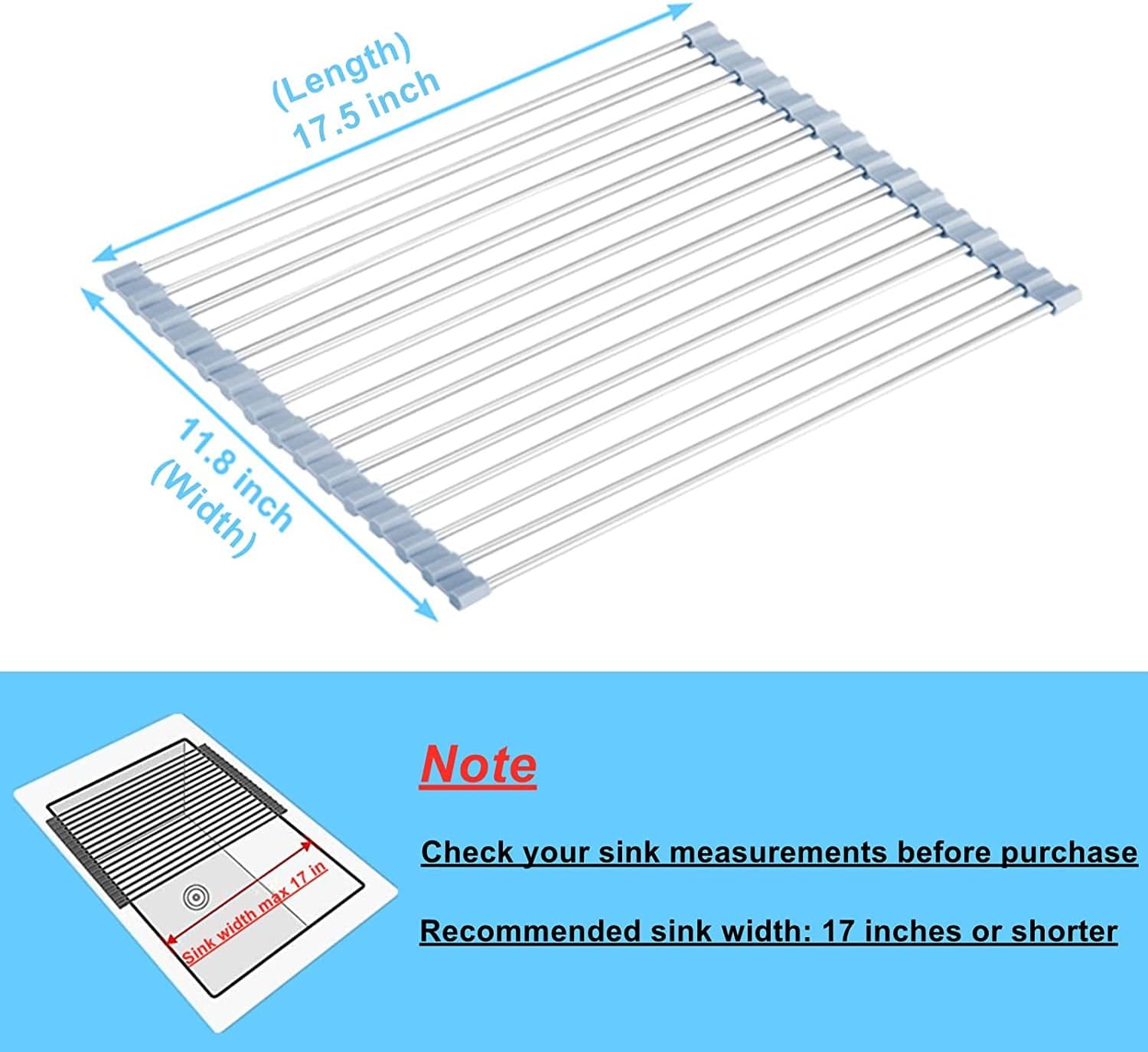 Stainless Steel Roll Up Dish Drainer Rack for Over The Sink, Kitchen Gifts, 17.5"x11.8" CA Ticaret