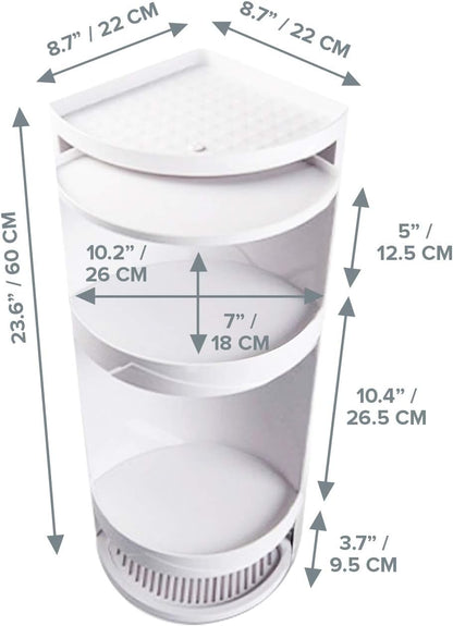 Compact Corner Vanity Organizer - 24"x8.75"x8.75" Rotating 2-Tier Storage Cabinet - Versatile Countertop or Wall Shelf - White Hidden Storage Solution