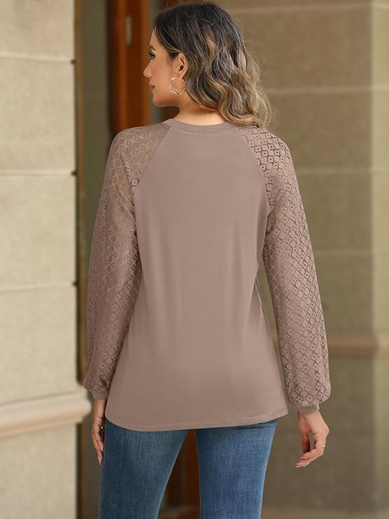 Women's Khaki Long Sleeve Lace Blouse - Knitted Y2K Business Casual Tops for Fall 2024