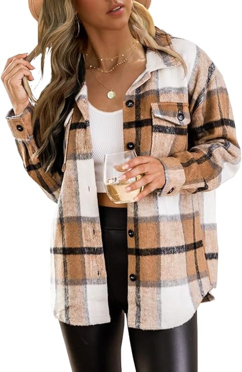 Women's Casual Plaid Flannel Shacket – Button-Down Long Sleeve Jacket for Fall Outfits