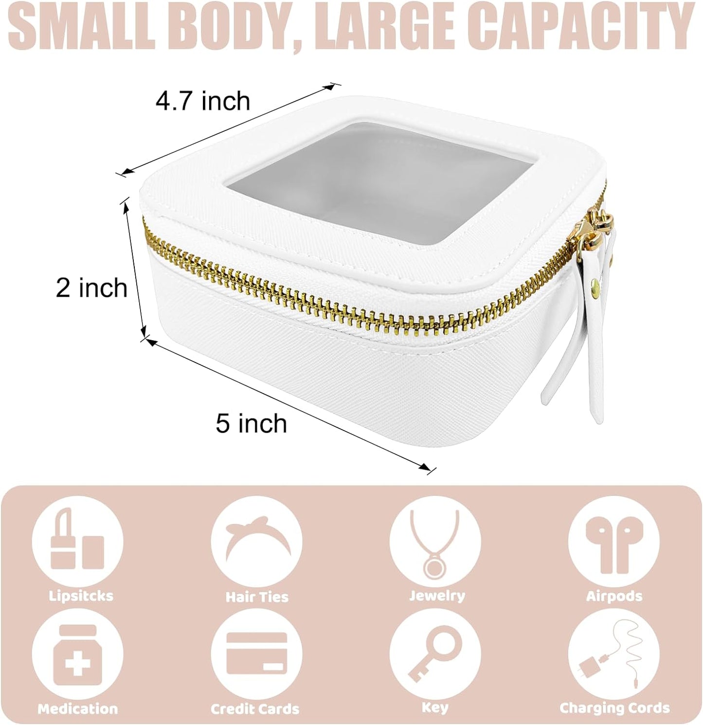 Cute Clear Mini Makeup Bag, Waterproof Toiletry Bag for Travel, Gold Color Zippers, White Cosmetic Bag