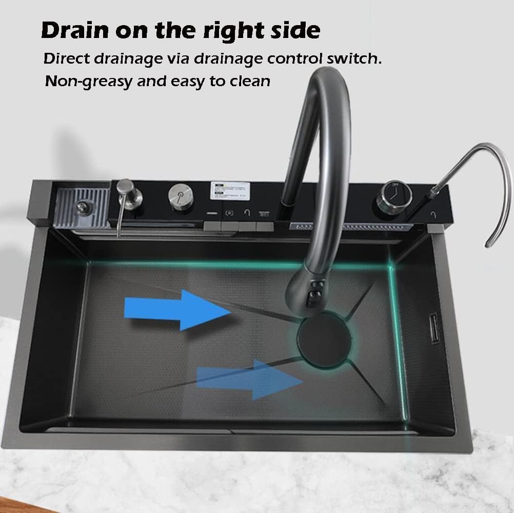 Nano Black Single Bowl Kitchen Sink with Integrated Workstation & Dual Waterfalls (29.5 x 17.7 x 8.7 INCH)