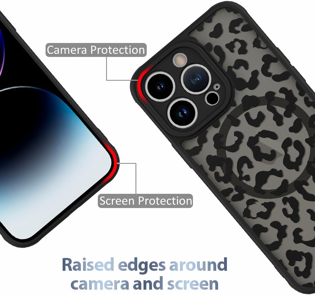 Leopard Print Phone Case - Case for iPhone 14 Pro [Compatible with MagSafe], Black Leopard Pattern Design, Soft TPU Bumper with Hard PC Back, Anti-Fall Shockproof Protective Slim Cover