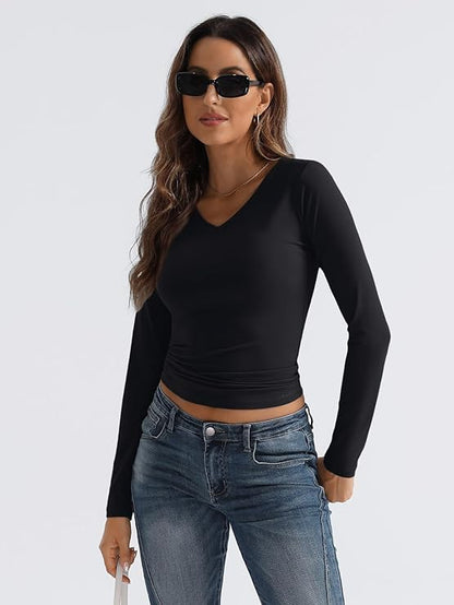 2024 Fall Fashion Women's Long Sleeve V-Neck Crop Tops - Slim Fit Y2K Layering Essentials