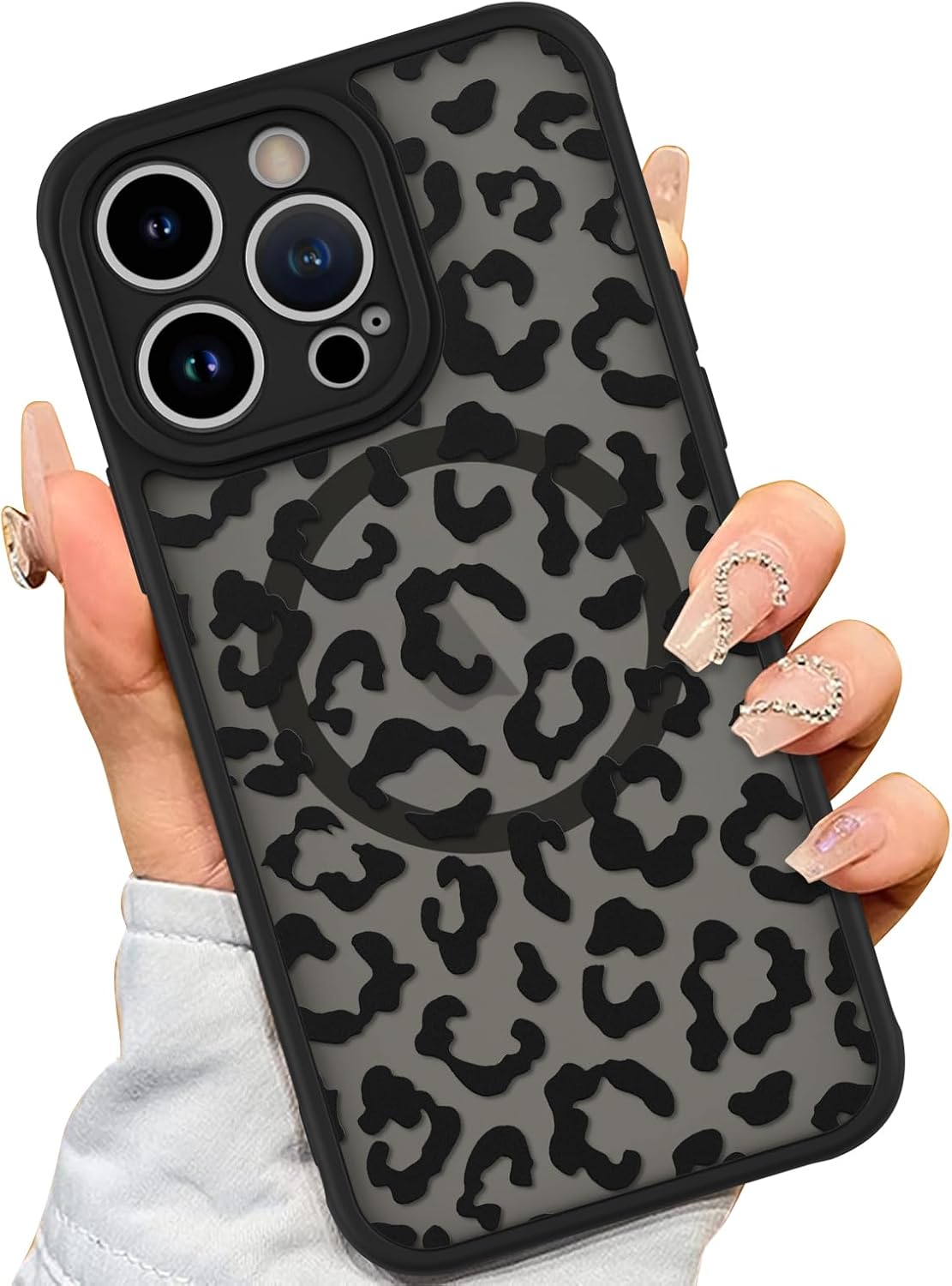 Leopard Print Phone Case - Case for iPhone 14 Pro [Compatible with MagSafe], Black Leopard Pattern Design, Soft TPU Bumper with Hard PC Back, Anti-Fall Shockproof Protective Slim Cover