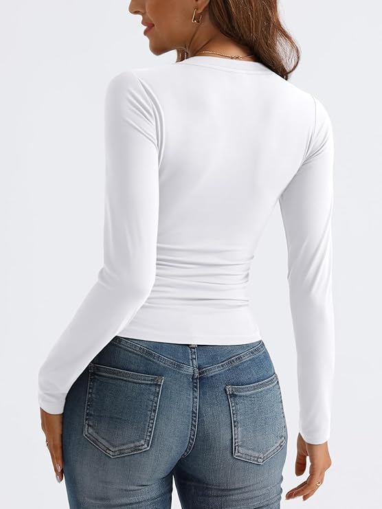 Women's White Long Sleeve V-Neck Crop Top - 2024 Fall Fashion Slim Fit Layering Essential