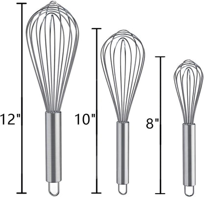 Balloon Whisk, 3 Pack, Stainless Steel, 8+10+12 Inches Whisk Set CA Ticaret