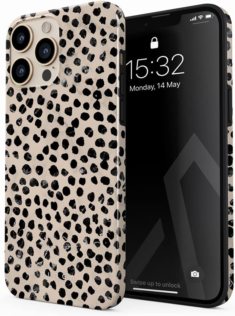 Phone Case Compatible with iPhone 14 PRO MAX - Wireless Charging Compatible Hybrid 2-Layer Hard Shell + Silicone Protective Case, Slim Fit with Leopard Print Phone Case Design, Heavy Duty Protection, Almond Latte