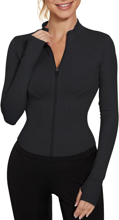 Women's Lightweight Cropped Zip-Up Workout Jacket – Slim Fit Yoga Top, Black