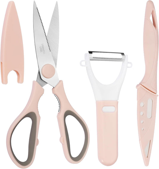 3 Pack Stainless Steel Shears Set, Scissor & Vegetable Peeler & Paring Knife, Kitchen Gifts, Rose Pink CA Ticaret