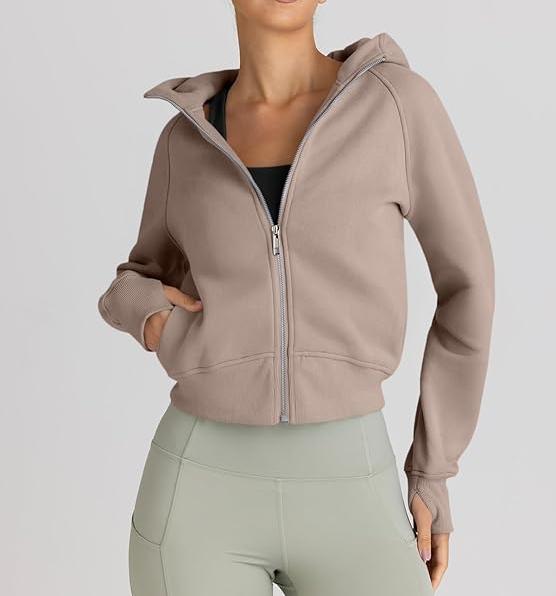 2024 Women's Cropped Zip-Up Hoodies – Casual Fleece Sweatshirts for Fall and Winter Y2K Style, Coffee Grey