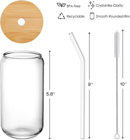 4 Pack Drinking Glass With Bamboo Lids & Glass Straws & Cleaning Brushes, Kitchen Gifts, Borosilicate Glass, 16 oz, 5.8"x3" CA Ticaret