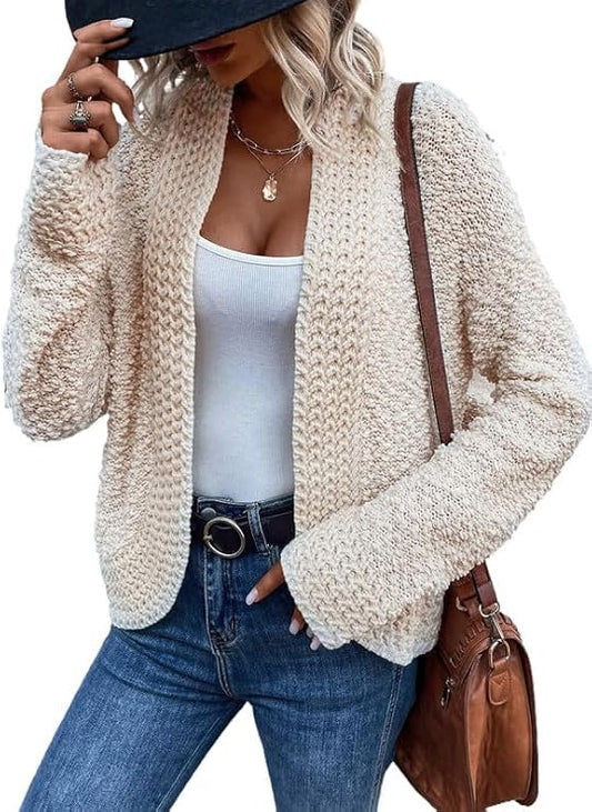 2024 Women's Casual Open Front Chunky Knit Cardigans – Long Sleeve Sweater Coats, Apricot