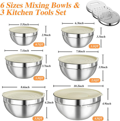 6 Pack Stainless Steel Mixing Bowls With 3 Pack Grater, Kitchen Gifts, Food Storage Organizer, Total 13.4 QT CA Ticaret