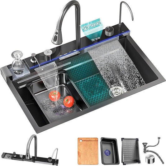 Nano Black Single Bowl Kitchen Sink with Integrated Workstation & Dual Waterfalls (29.5 x 17.7 x 8.7 INCH)