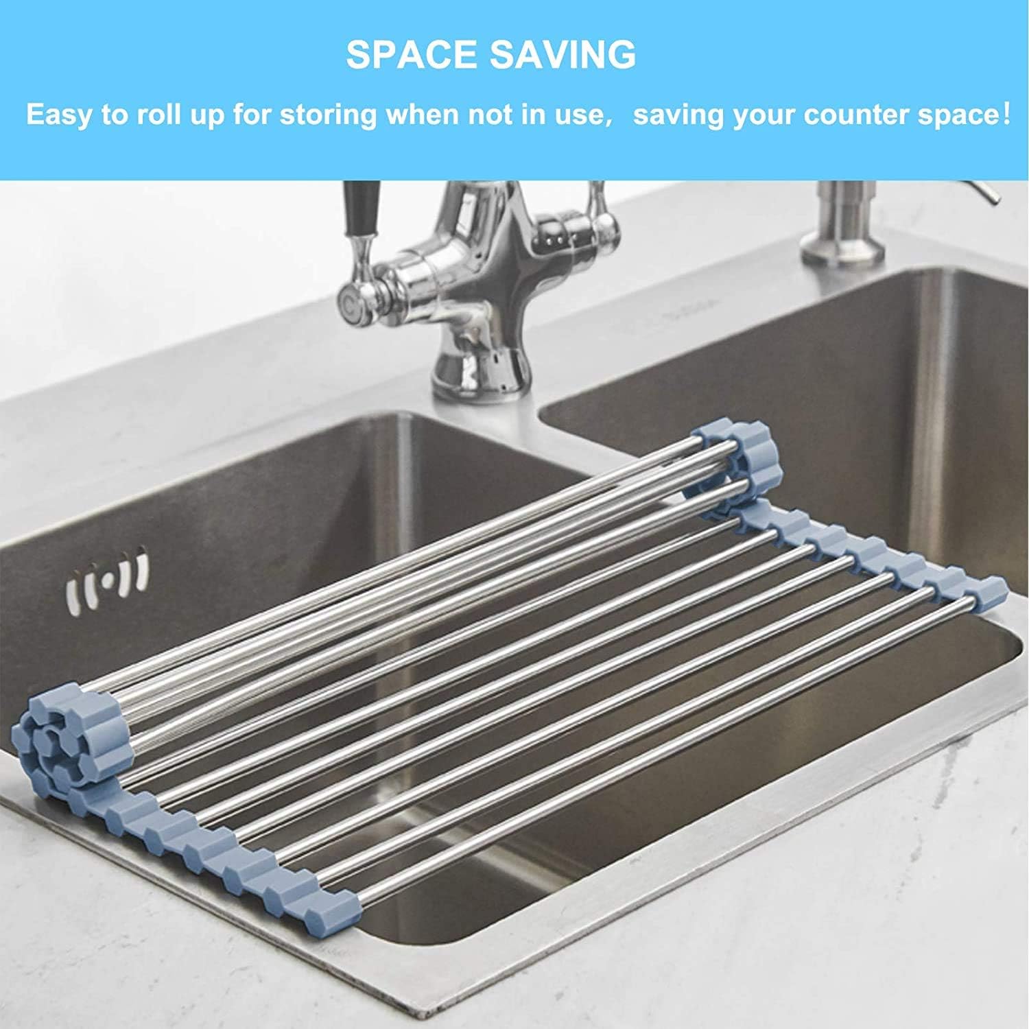 Stainless Steel Roll Up Dish Drainer Rack for Over The Sink, Kitchen Gifts, 17.5"x11.8" CA Ticaret