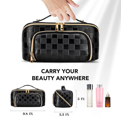 Black Large Makeup Bag, PU Leather Waterproof Checkered Makeup Bag, Make up Organizer with Divider and Handle, Portable Pouch Open Flat Toiletry Bag