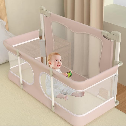 Adjustable Baby Bassinet Bedside Sleeper, Foldable Co-Sleeping Bed with Lifting Rail for Toddlers