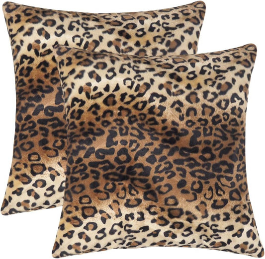 Leopard Print Throw Pillows - Set of 2 Soft Plush Faux Fur Decorative Pillow Covers for Home Couch Sofa (18x18 inch)