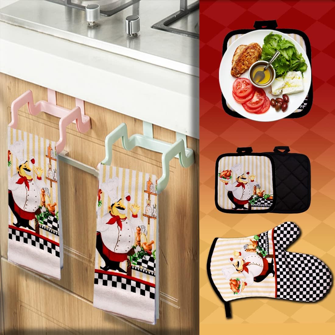 5 PCS Kitchen Towel Set, Includes 2 Decorative Dish Towels, 1 Oven Mitt and 2 Pot Holders for the Kitchen Chef (25"L x 15"W) CA Ticaret