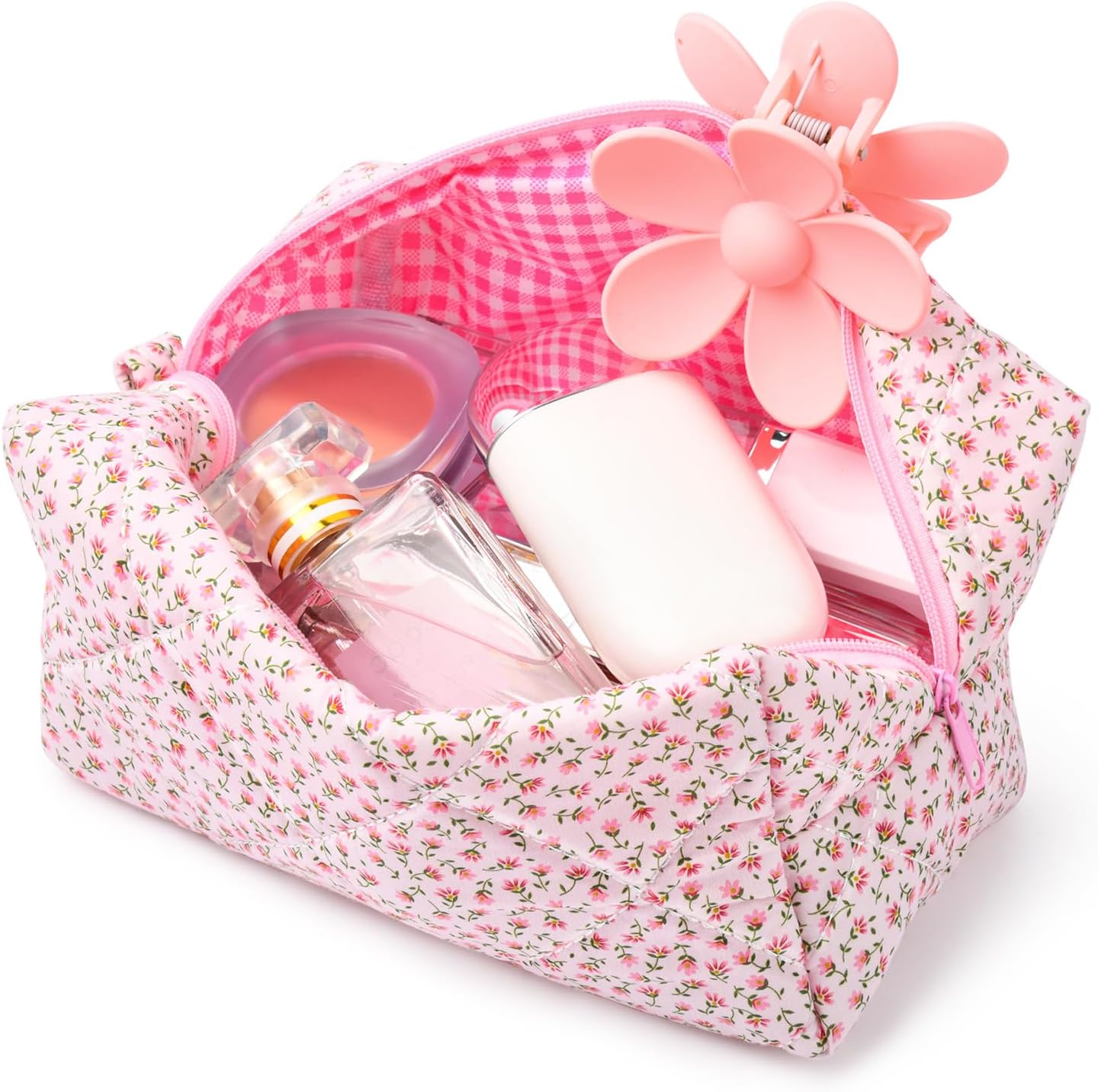 Pink Floral Makeup Bag, Quilted, Cute, Puffy Coquette Makeup Pouch, Travel, Cotton, Small