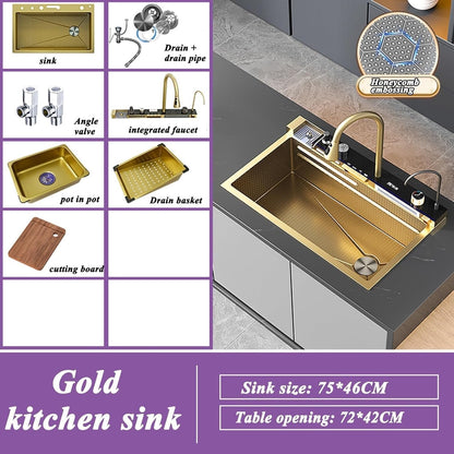 Gold Embossed Stainless Steel Raindance Waterfall Sink with Dual Waterfalls & Pressurized Cup Washer, (29.5"D x 18.1"W x 8.66"H)