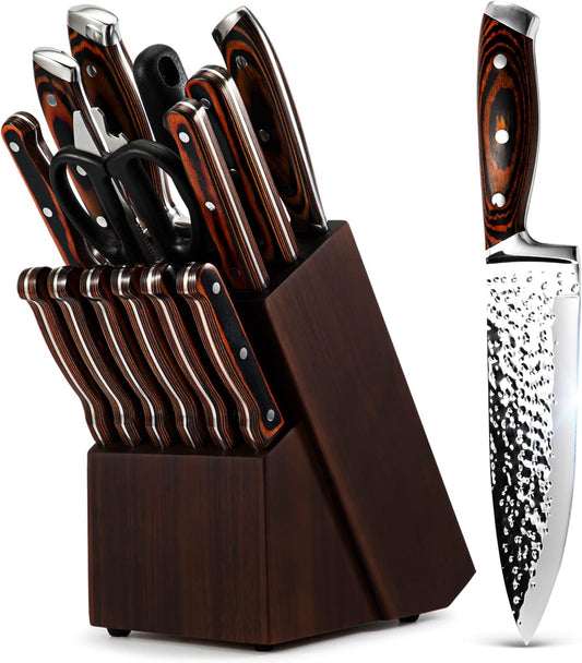 Kitchen Knife Set, Knife Set With Block Wooden, Japan Stainless Steel Hammered Collection Knife Block Set with Steak Knives for Kitchen Chef, 15 PCS (9.8 x 5.66 x 14.25 inches) CA Ticaret