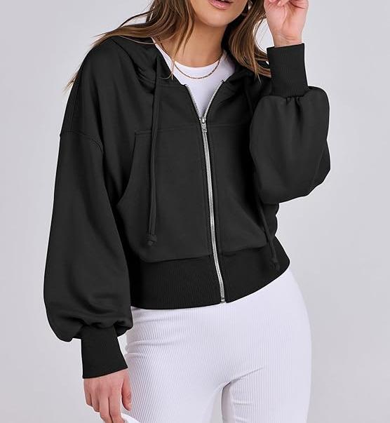 2024 Women's Cropped Zip-Up Hoodies – Casual Full Zip Sweatshirts with Pockets for Fall Y2K Fashion, Black