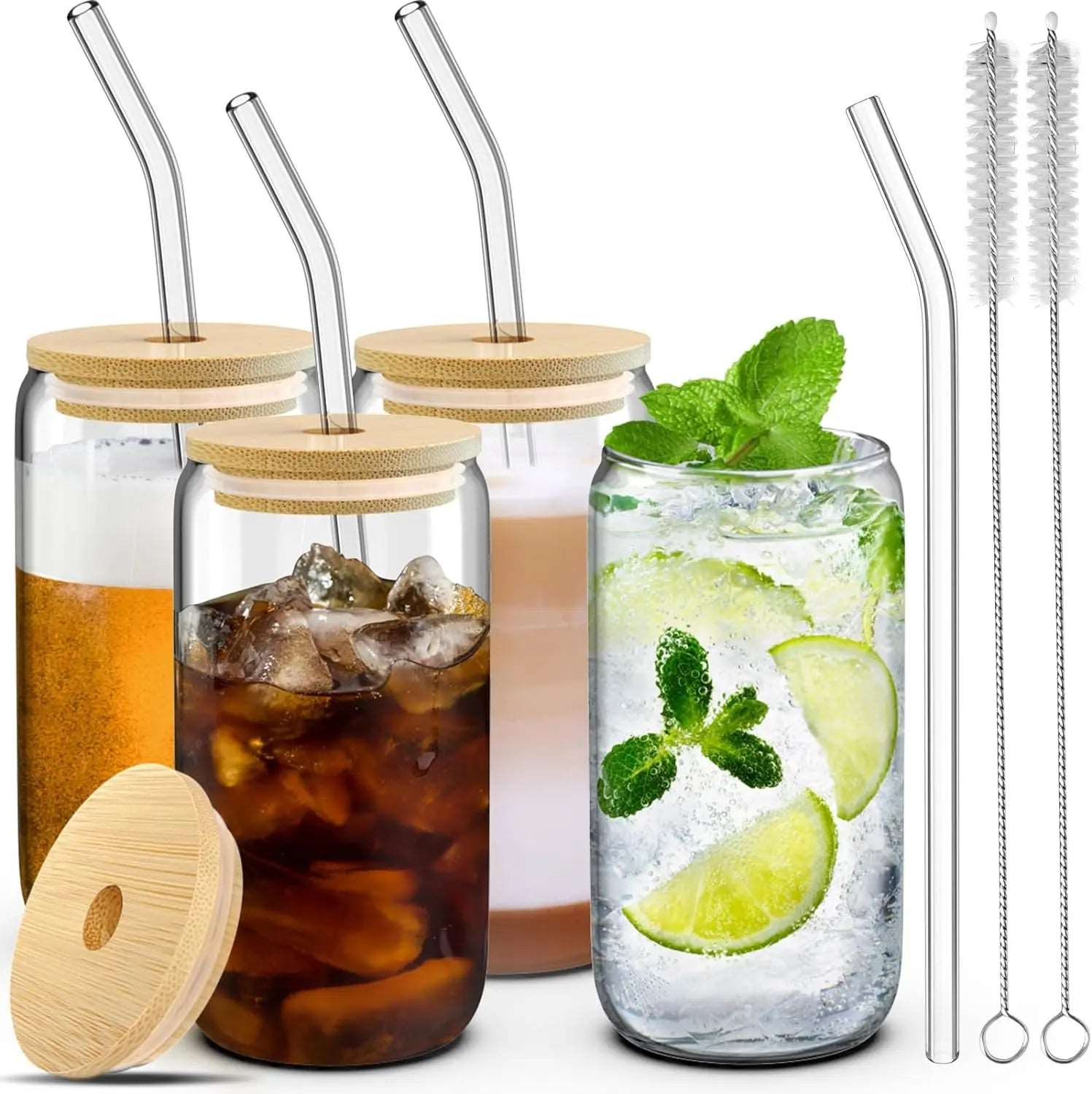 4 Glass Cups with Lids, Straws, and Brushes - 16 oz Drinking Cup Set with Bamboo Lids and Straws for Iced Coffee, Tumblers with Straw and Lid CA Ticaret