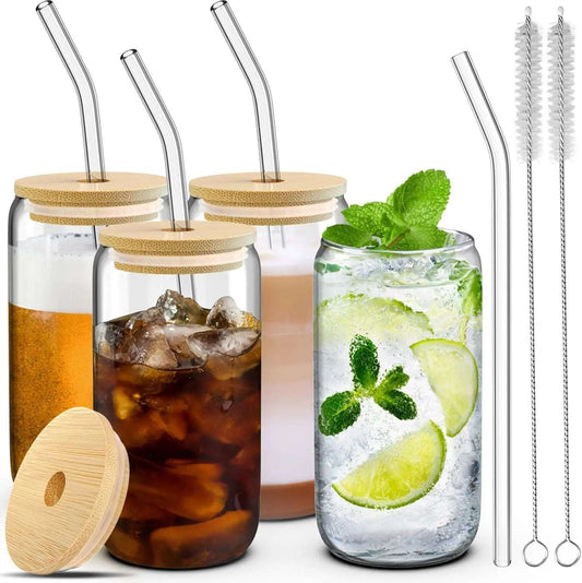 4 Glass Cups with Lids, Straws, and Brushes - 16 oz Drinking Cup Set with Bamboo Lids and Straws for Iced Coffee, Tumblers with Straw and Lid CA Ticaret