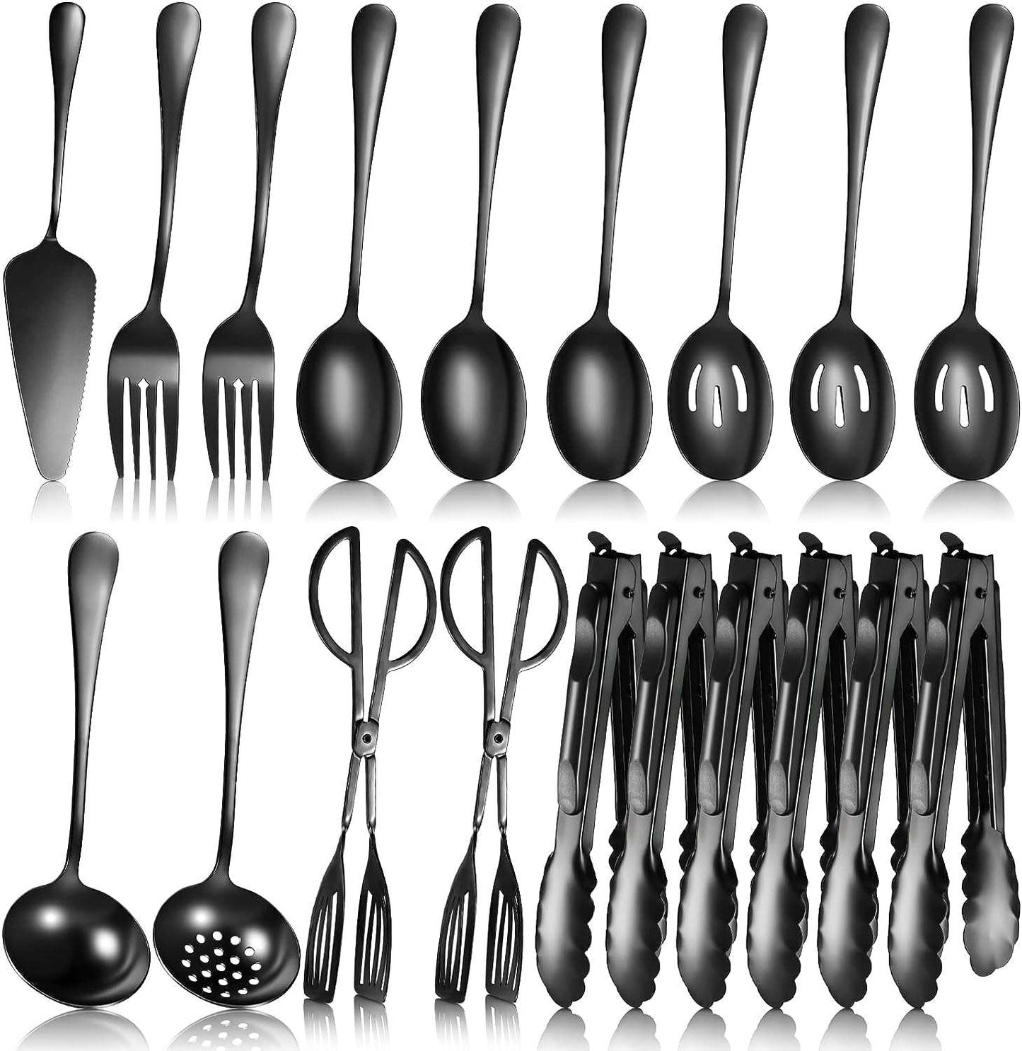 19 Piece Black Serving Set, Serving Spoons, Spatulas, Forks, Perforated Spoons, Soup Spoons, Skimmers Spoon, Buffet Tongs, Heavy Duty Serving Tongs CA Ticaret