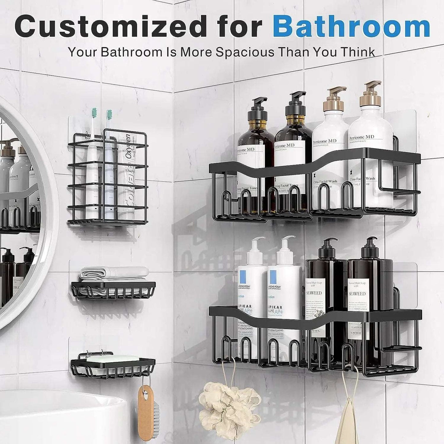 Adhesive Shower Caddy, 5 Pack Rustproof Stainless Steel Bath Organizers With Large Capacity, No Drilling Shelves for Bathroom Storage & Home Decor CA Ticaret