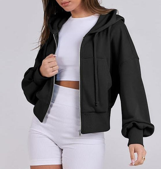 2024 Women's Cropped Zip-Up Hoodies – Casual Full Zip Sweatshirts with Pockets for Fall Y2K Fashion, Black