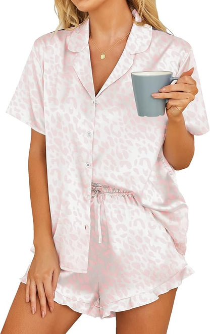 Womens Satin Pajamas Set - Button Down 2 Piece Silk PJs Shorts Set with Ruffle Lingerie, Perfect for Pairing with Womens Leopard Print Pajamas, Medium