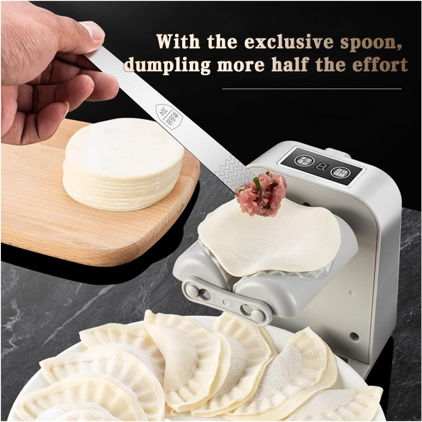 Electric Dumpling Maker Machine - Adjustable Automatic Press with Spoon and Brush for Easy Home Pastry Preparation (White)