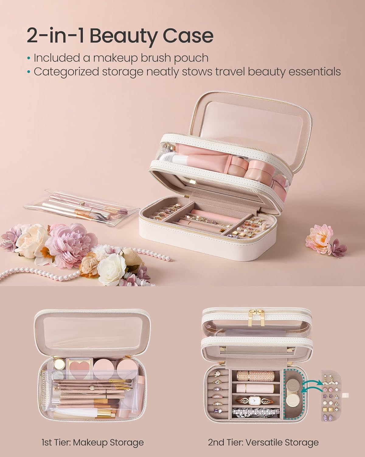 Makeup Bag With Mirror, Jewelry Storage, Travel Makeup Bag, With Separate Brush Storage Pouch, Makeup Bag with Transparent Window (8.7 x 4.7 x 4.7 Inches)