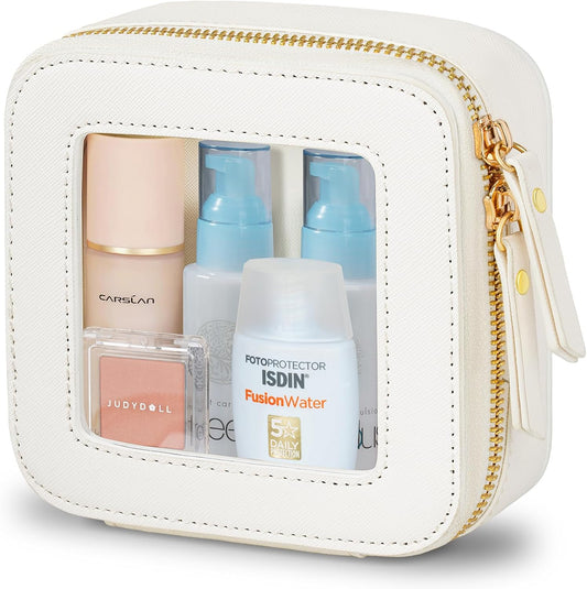 Cute Clear Mini Makeup Bag, Waterproof Toiletry Bag for Travel, Gold Color Zippers, White Cosmetic Bag