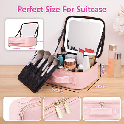 Pink Makeup Bag With Mirror, Travel Makeup Bag, LED Lighted Makeup Case, 3 Color Setting Cosmetic Bag, Makeup Box Organizer, Beauty Tools Accessories Case Rechargeable