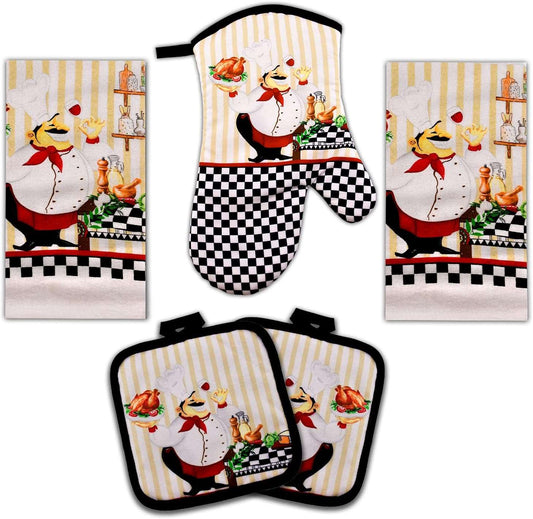 5 PCS Kitchen Towel Set, Includes 2 Decorative Dish Towels, 1 Oven Mitt and 2 Pot Holders for the Kitchen Chef (25"L x 15"W) CA Ticaret