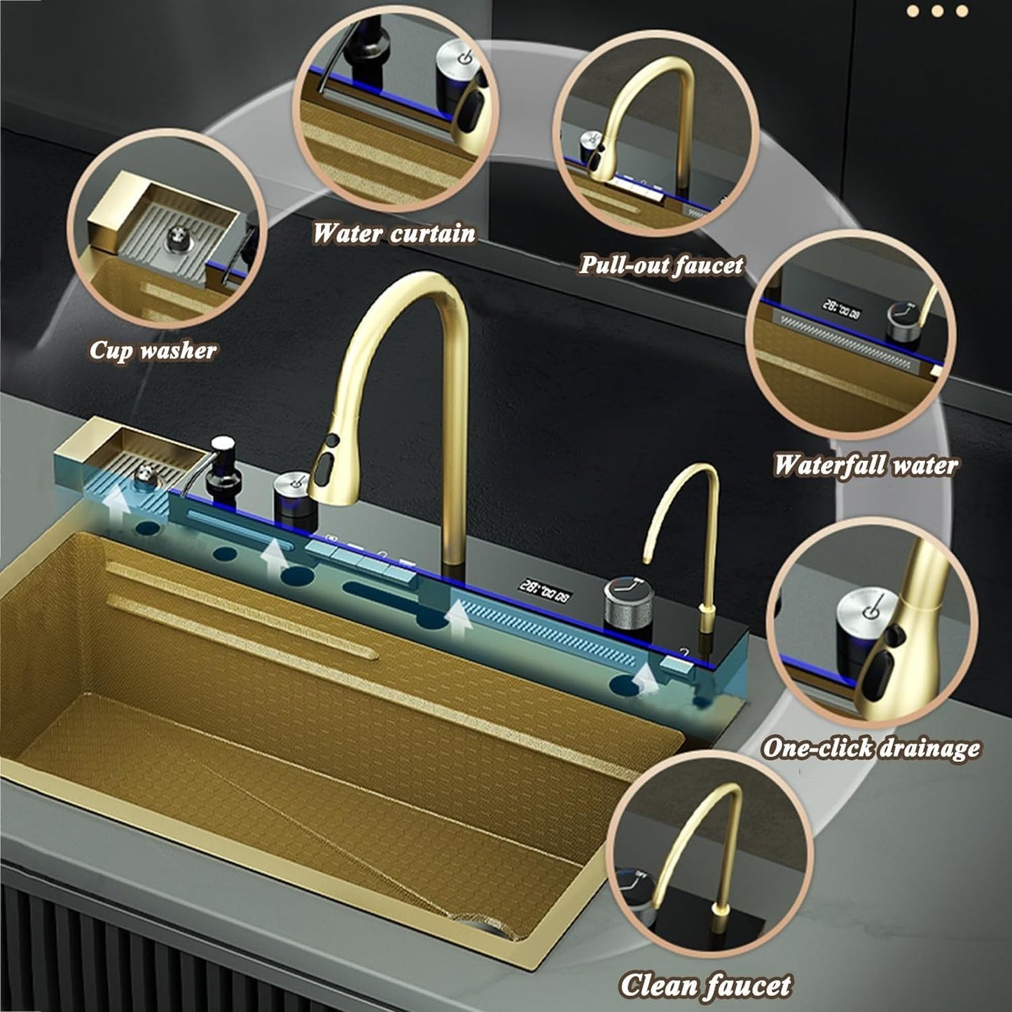 Gold Embossed Stainless Steel Raindance Waterfall Sink with Dual Waterfalls & Pressurized Cup Washer, (29.5"D x 18.1"W x 8.66"H)