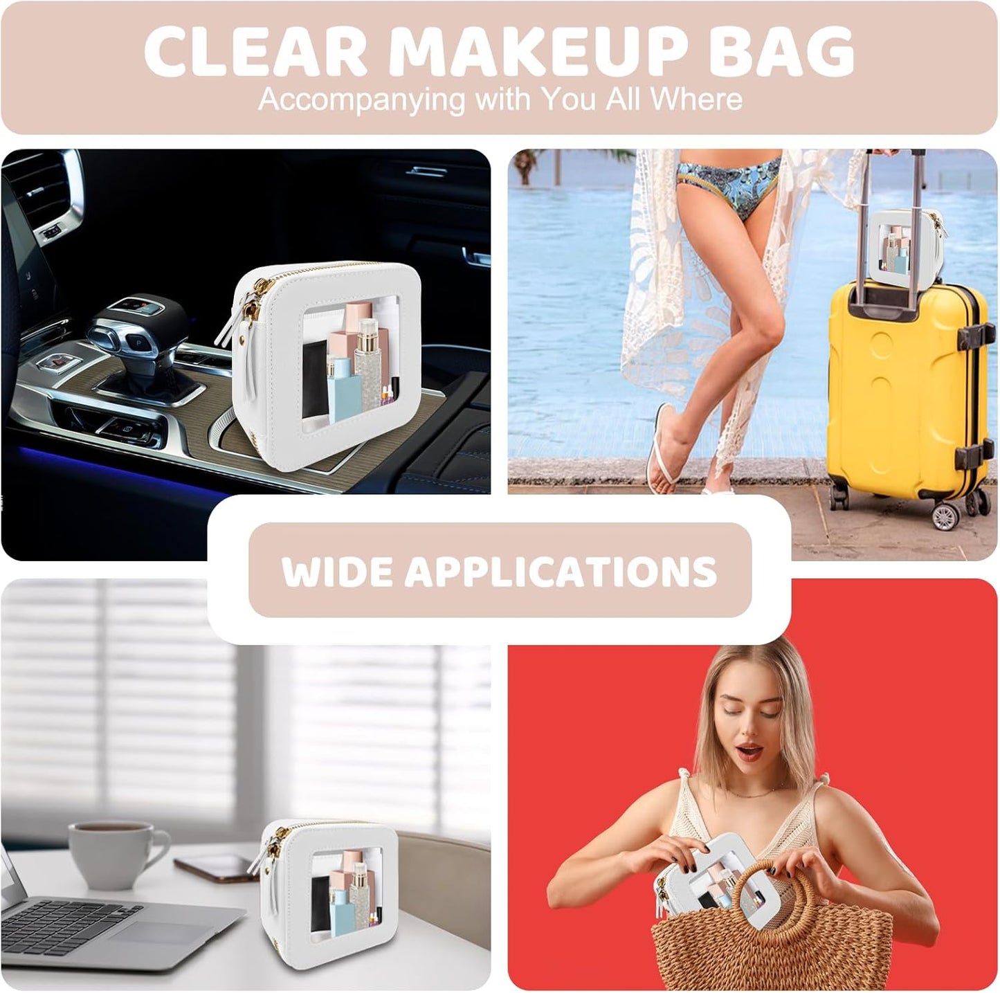 Cute Clear Mini Makeup Bag, Waterproof Toiletry Bag for Travel, Gold Color Zippers, White Cosmetic Bag