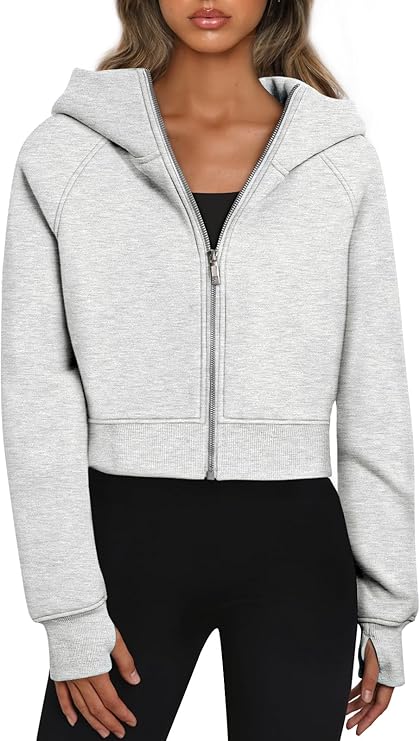 2024 Women's Cropped Zip-Up Hoodies – Casual Fleece Sweatshirts for Fall and Winter Y2K Style, Grey