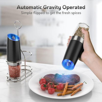 2 Pack Electric Pepper & Salt Grinders With Metal Stand And LED Light, Kitchen Gifts, Adjustable, Battery Operated, Shaker CA Ticaret