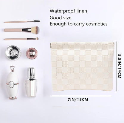 Small White Leather Makeup Accessories Bag, Waterproof, No Zipper Self Closing Makeup Pouch