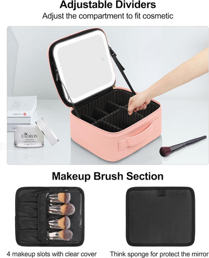 Pink Large Makeup Bag with LED Mirror, Travel Makeup Case for Women, 3 Color Lights, Adjustable Dividers & Brush Holder